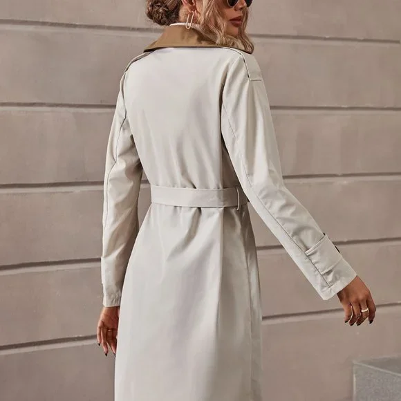 Brand New Colorblock Lapel Collar Single Breasted Belted Trench Coat - Picture 3 of 5